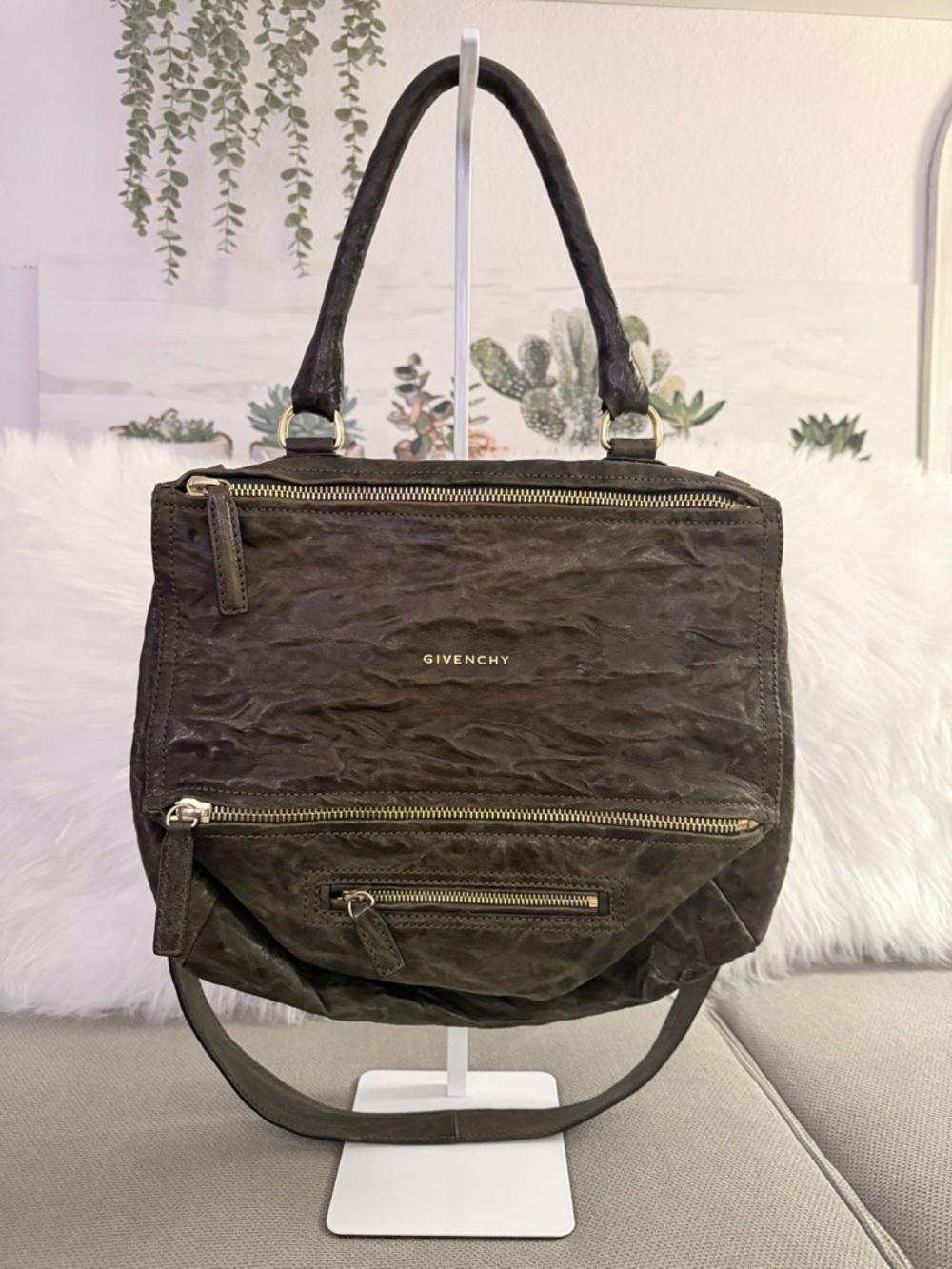 Givenchy Olive Brown Textured Leather Shoulder Bag with Gold Hardware